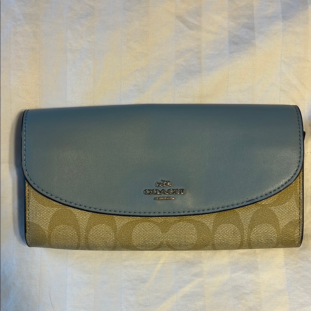 Coach Continental Wallet in Blue Leather and Tan Signature Canvas